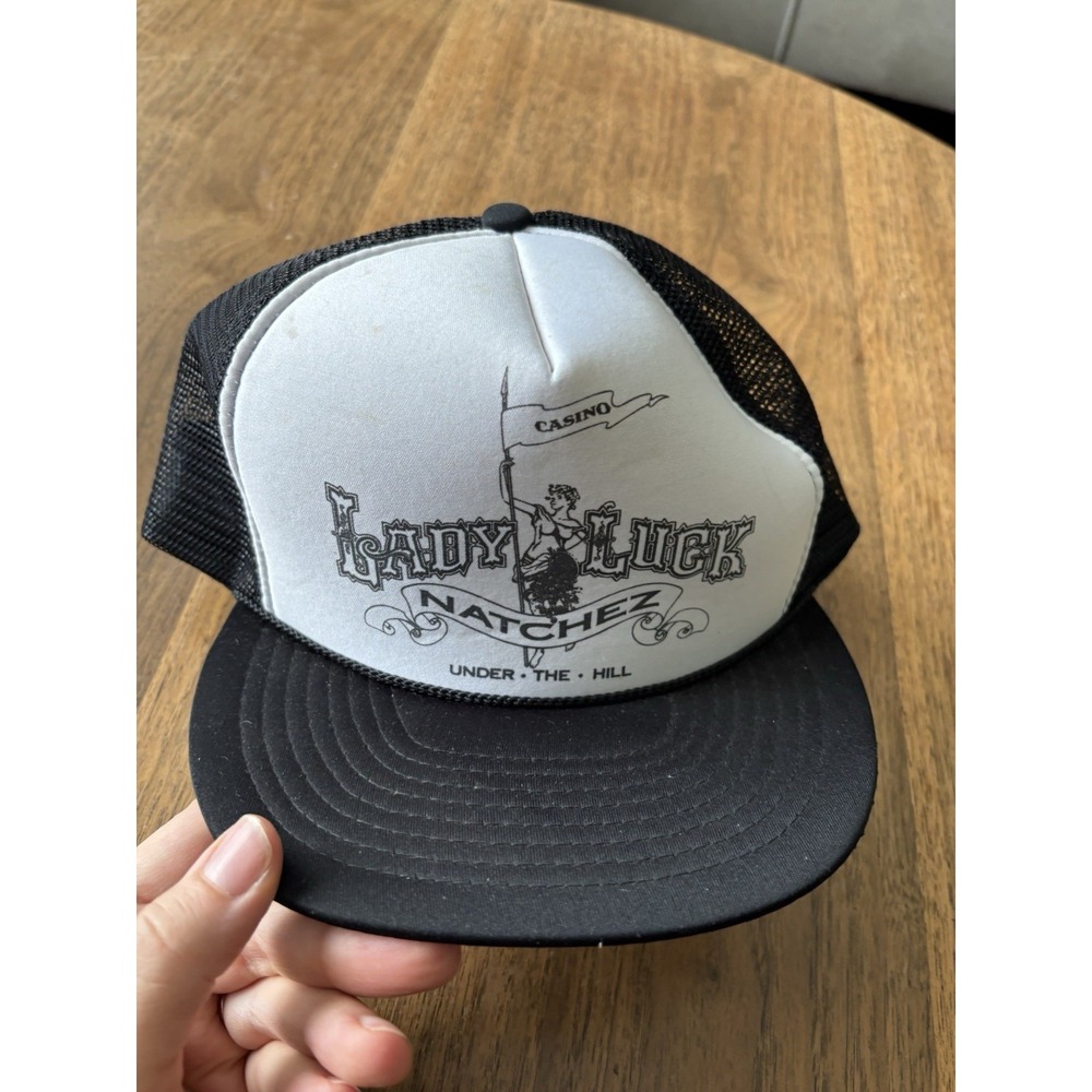 Vtg 90's Lady Luck Casino Natchez Snapback Trucker Hat Mesh cap black and White